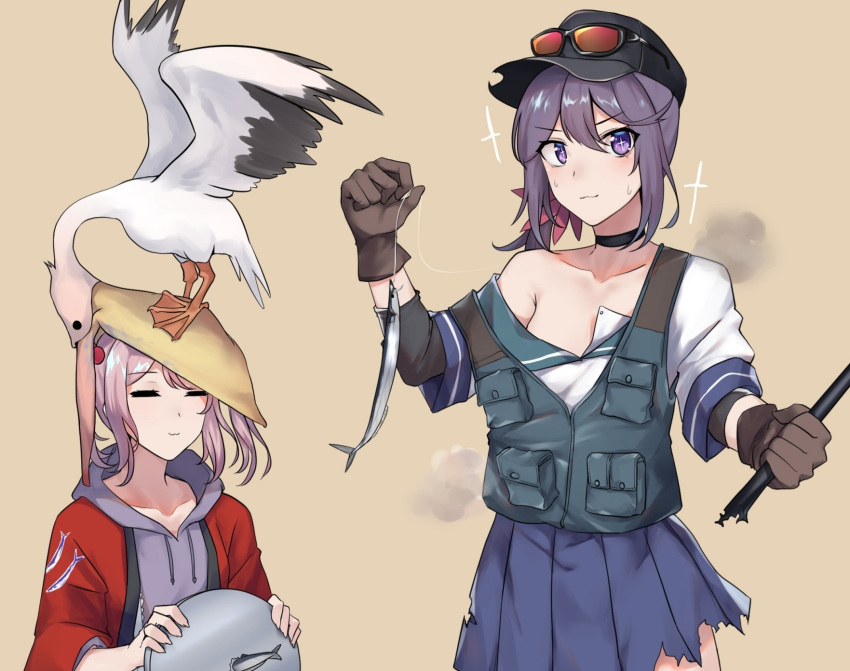 2girls akebono_(kancolle) baseball_cap bird black_headwear blue_skirt brown_gloves fish flower gloves green_vest hair_flower hair_ornament hat highres kantai_collection long_hair miniskirt multiple_girls official_alternate_costume pelican pink_hair pleated_skirt purple_eyes purple_hair saury sazanami_(kancolle) school_uniform serafuku shirt short_hair short_sleeves side_ponytail skirt sugamo_(rainysnowy108) torn_clothes torn_shirt torn_skirt twintails very_long_hair vest