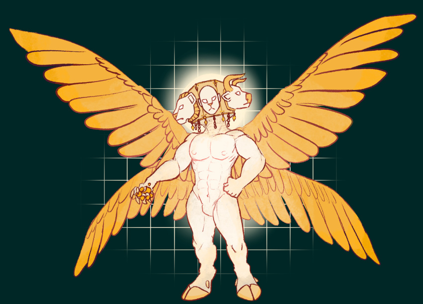 2_horns 3_heads 4_wings abs actually_biblically_accurate_angel angel anthro biblically_accurate_angel bovid bovine cattle cherubim chingx clawed_fingers cloven_hooves dewclaw_hooves feathered_wings feathers felid handpaw hi_res hooves horn lion male mammal multi_head multi_wing nipples nude null_bulge pantherine pawpads paws pecs solo wings yellow_theme yellow_wings