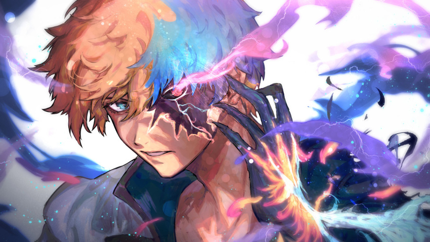 1boy aura blue_eyes claws collarbone dragon_install embers glowing glowing_eyes guilty_gear guilty_gear_strive heterochromia highres jacket jacket_on_shoulders ky_kiske lightning looking_at_viewer male_focus multicolored_hair nijimaarc open_mouth parted_lips shaded_face simple_background solo split-color_hair upper_body veins white_background white_jacket