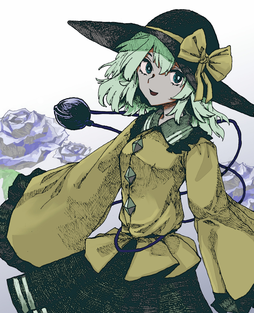 black_hat bow buttons collared_shirt cropped_legs diamond_button eyeball female floral_background frilled_shirt_collar frilled_sleeves frills ghostship55 green_hair green_skirt hair_between_eyes hat hat_ribbon highres komeiji_koishi light_green_hair long_sleeves looking_at_viewer medium_hair open_mouth ribbon shirt simple_background skirt smile solo third_eye touhou wavy_hair white_background wide_sleeves yellow_bow yellow_ribbon yellow_shirt