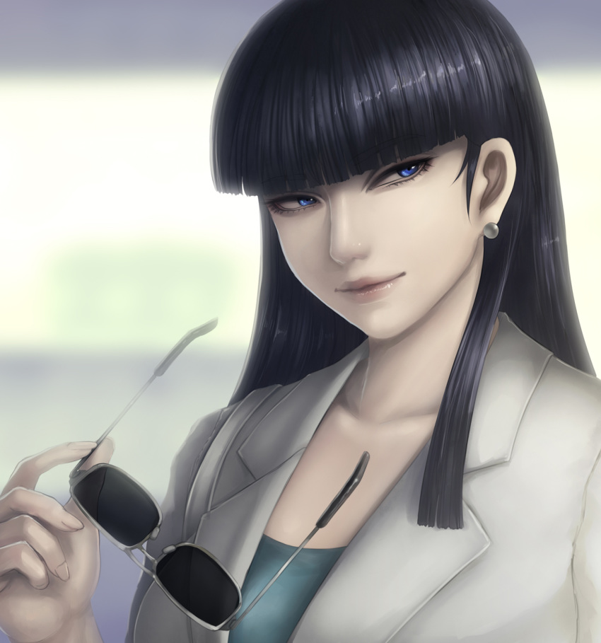 black_hair blue_eyes blunt_bangs collarbone commentary earrings english_commentary eyelashes female formal grey-framed_eyewear half-closed_eyes highres holding holding_removed_eyewear jewelry kanuka_clancy kidou_keisatsu_patlabor light_smile lips long_hair looking_to_the_side okai photoshop_(medium) smile solo suit sunglasses unworn_eyewear white_suit