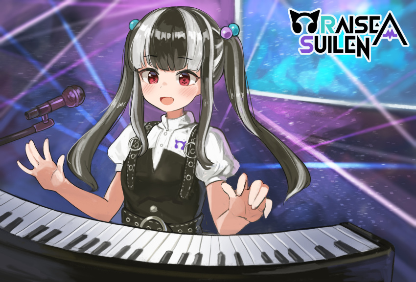 :d bang_dream! belt black_belt black_dress black_hair blunt_bangs blurry blurry_background blush commentary dress female group_name hair_bobbles hair_ornament highres instrument keyboard_(instrument) long_hair looking_down microphone microphone_stand multicolored_hair music nyubara_reona open_mouth playing_instrument pocari_(sq551) purple_background red_eyes shirt short_sleeves sidelocks smile solo stage stage_lights standing twintails two-tone_hair upper_body white_hair white_shirt