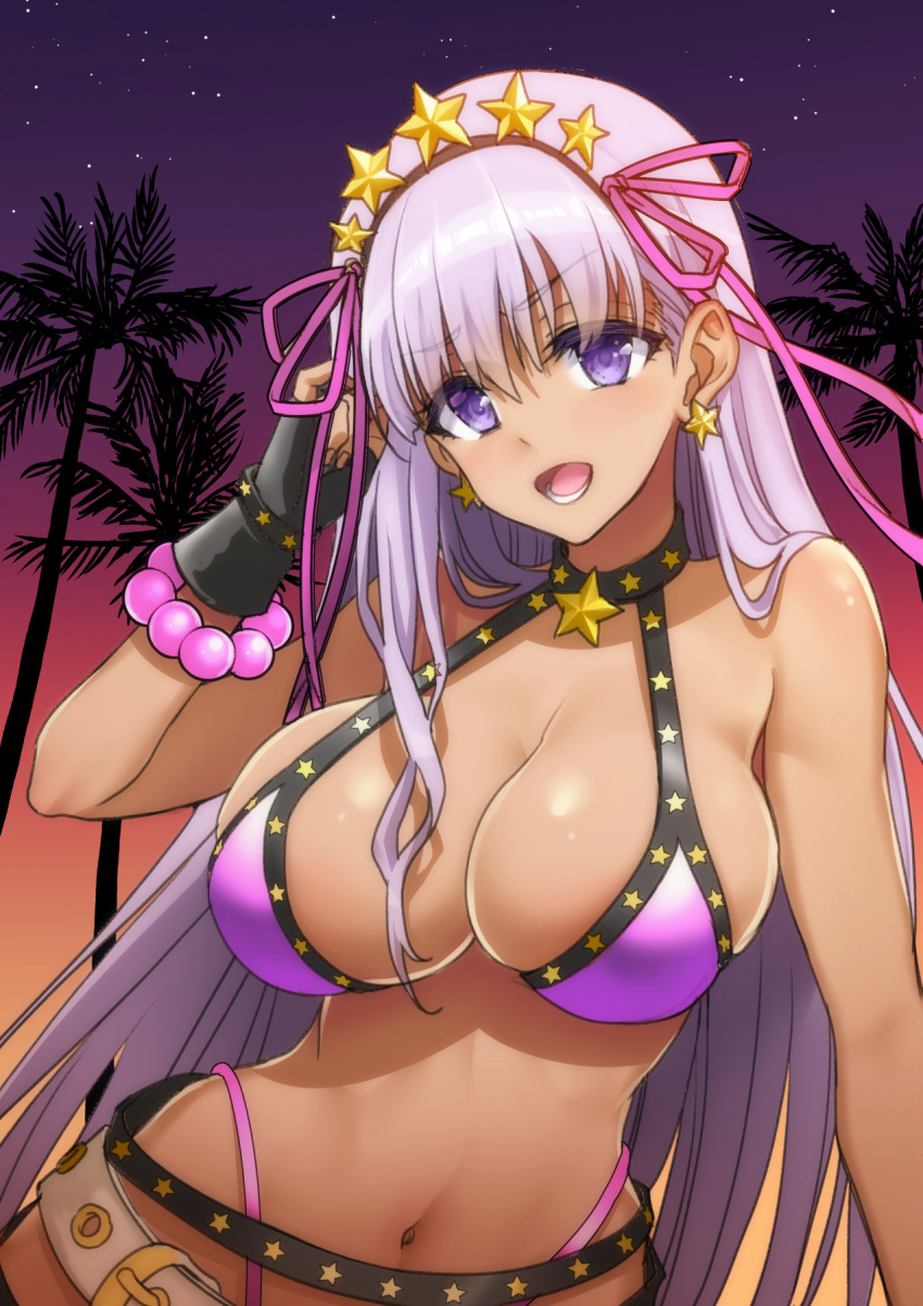 bare_shoulders bb_(fate) bb_(swimsuit_mooncancer)_(fate) bb_(swimsuit_mooncancer)_(second_ascension)_(fate) bead_bracelet beads belt bikini black_garter_belt black_gloves blush bracelet breasts cleavage collarbone dark-skinned_female dark_skin fate/grand_order fate_(series) female fingerless_gloves garter_belt gloves gradient_sky hair_ornament hair_ribbon hairband highres jewelry large_breasts long_hair looking_at_viewer loose_belt navel open_mouth orange_sky palm_tree purple_bikini purple_eyes purple_hair purple_sky revision ribbon sky smile solo star_(sky) star_(symbol) star_hair_ornament starry_sky studded_garter_belt swimsuit tan tree twilight very_long_hair white_belt youshuu