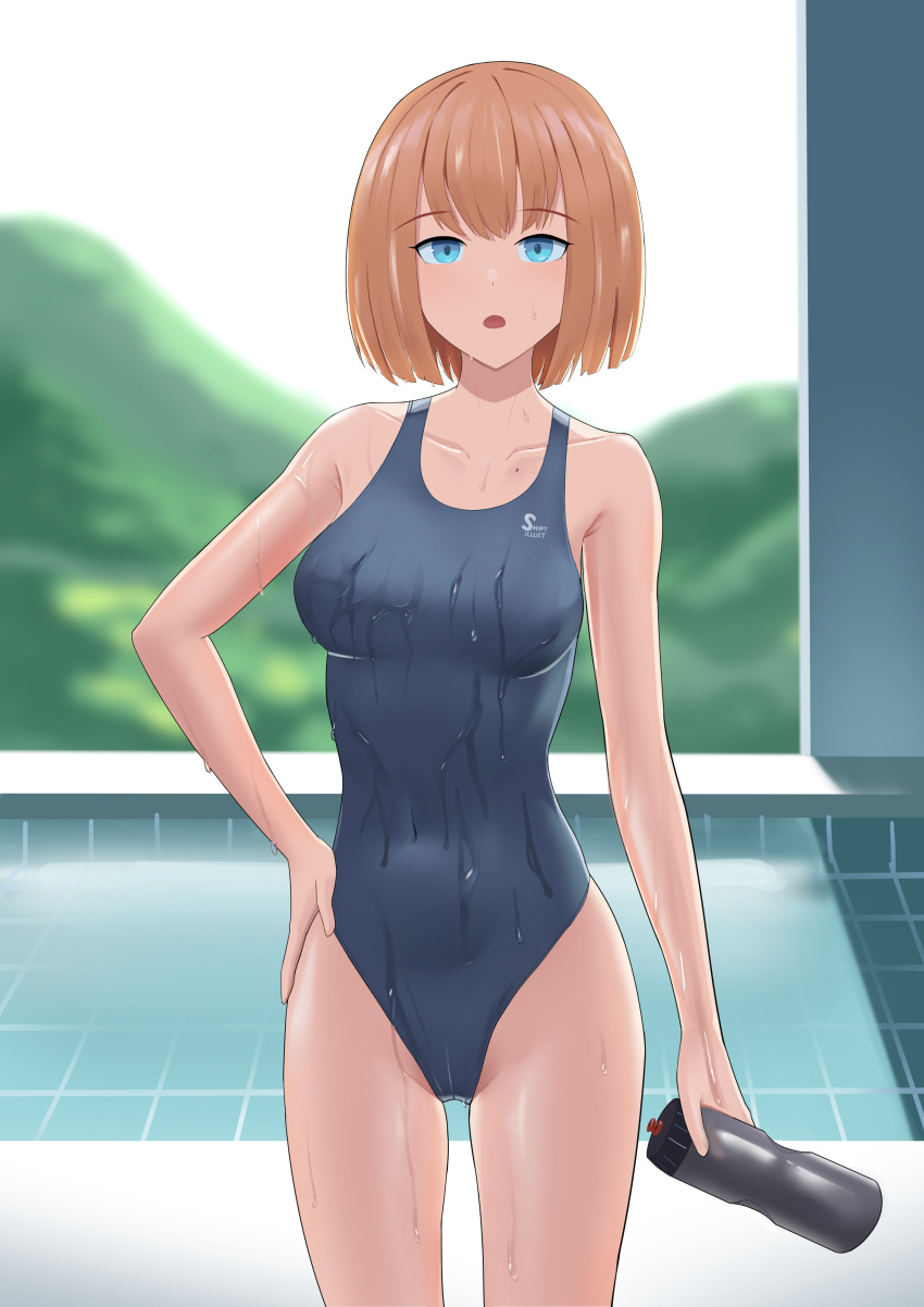 absurdres blue_eyes blue_one-piece_swimsuit bottle breasts competition_swimsuit covered_navel cowboy_shot english_commentary female highleg highleg_swimsuit highres holding holding_bottle looking_at_viewer medium_breasts one-piece_swimsuit orange_hair original poolside shift_(shiftillust) short_hair solo standing swimsuit water_bottle wet wet_clothes wet_swimsuit