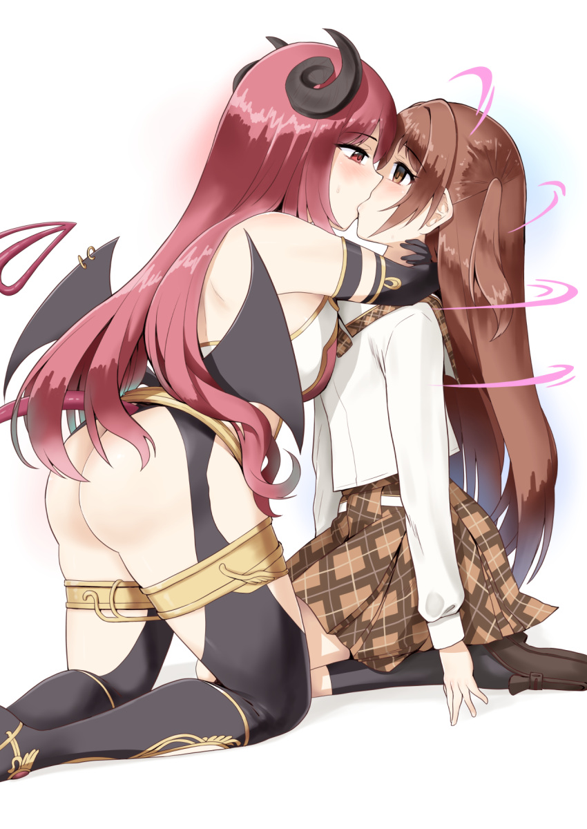 2girls bat_wings black_gloves black_horns black_socks black_thighhighs black_wings blush boots breasts brown_footwear brown_skirt collared_shirt demon_horns demon_tail empty_eyes energy_drain gloves highres horns io_(princess_connect!) kissing leotard long_hair medium_breasts minase_(takaoka_nanase) mind_control multiple_girls nozomi_(princess_connect!) nozomi_(real)_(princess_connect!) piercing pleated_skirt princess_connect! red_eyes red_hair school_uniform shirt shoes side_ponytail simple_background skirt small_breasts socks st._johanna's_private_girls_institute_school_uniform sweat sweatdrop tail thigh_boots thighhighs very_long_hair white_background white_leotard white_shirt wing_piercing wings yuri