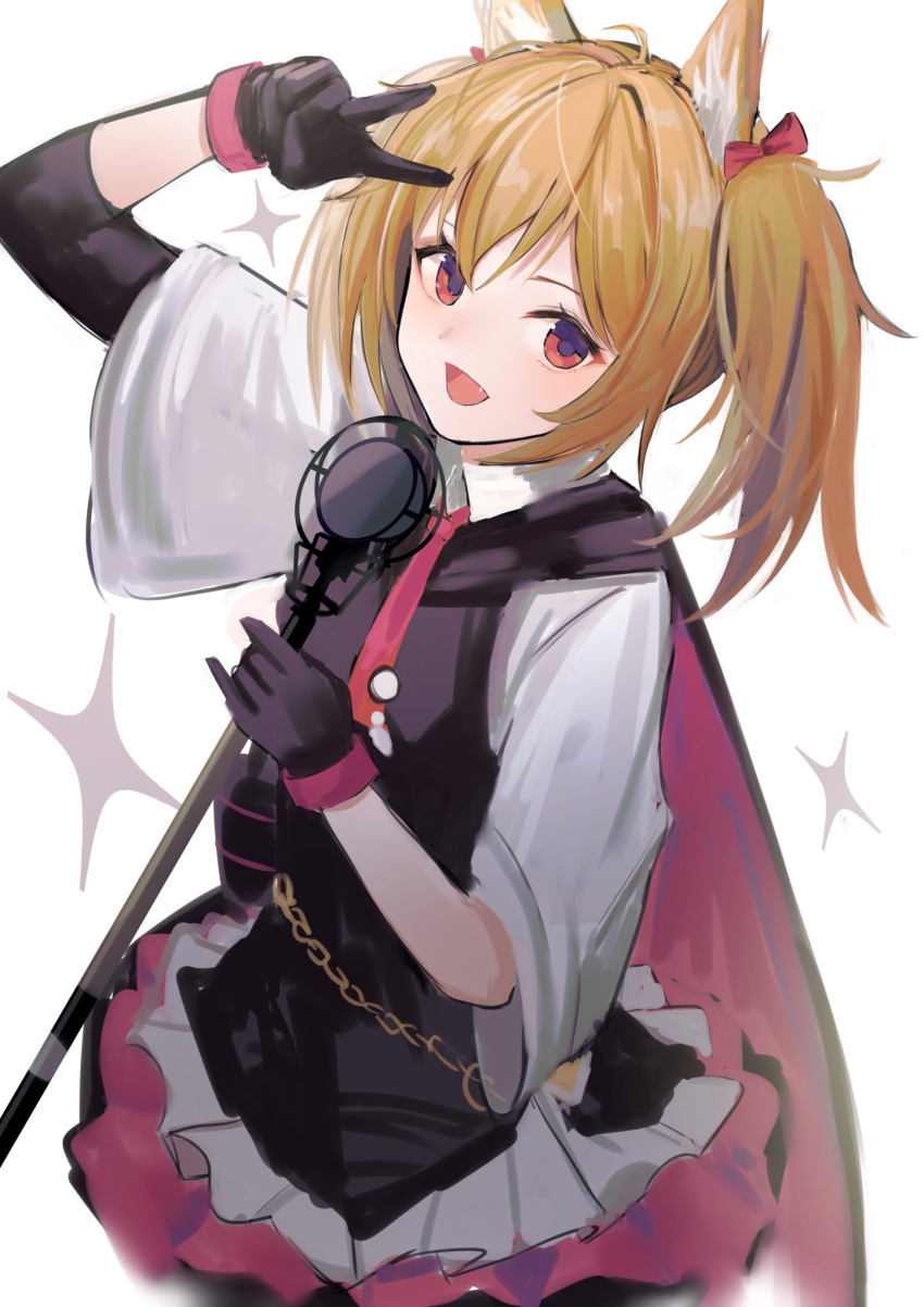 :d animal_ear_fluff animal_ears arknights arm_up azuazu_0405 bad_id bad_twitter_id black_cape black_gloves black_vest blonde_hair cape cowboy_shot female gloves highres holding holding_microphone layered_skirt looking_at_viewer microphone oerba_yun_fang open_mouth pink_skirt red_eyes shirt short_hair short_sleeves short_twintails simple_background skirt smile solo sora_(arknights) sparkle twintails two-tone_skirt v vest white_background white_shirt white_skirt wolf_ears