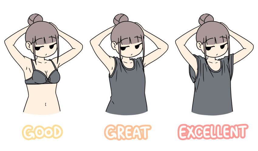 armpits arms_up bra brown_hair commentary english_text female hair_bun juukyuu multiple_views original shirt single_hair_bun sleeveless solid_circle_eyes t-shirt underwear upper_body white_background