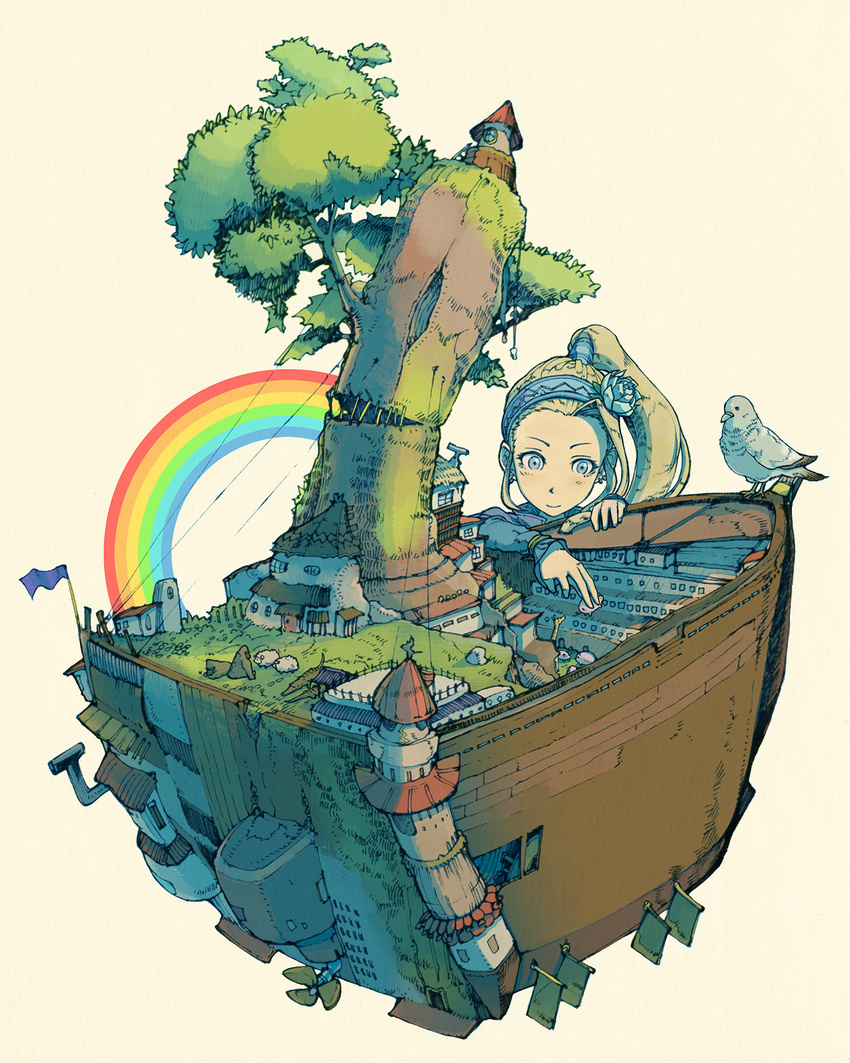 animal bird boat building commentary_request door earrings female flag flower giraffe gorilla grass hair_flower hair_ornament hairband highres jewelry leaf long_hair long_sleeves noah_(p&d) pigeon ponytail puzzle_&_dragons rainbow rose sheep sidelocks simple_background sleeves_past_wrists smile solo soopon tower tree watercraft white_flower white_rose window