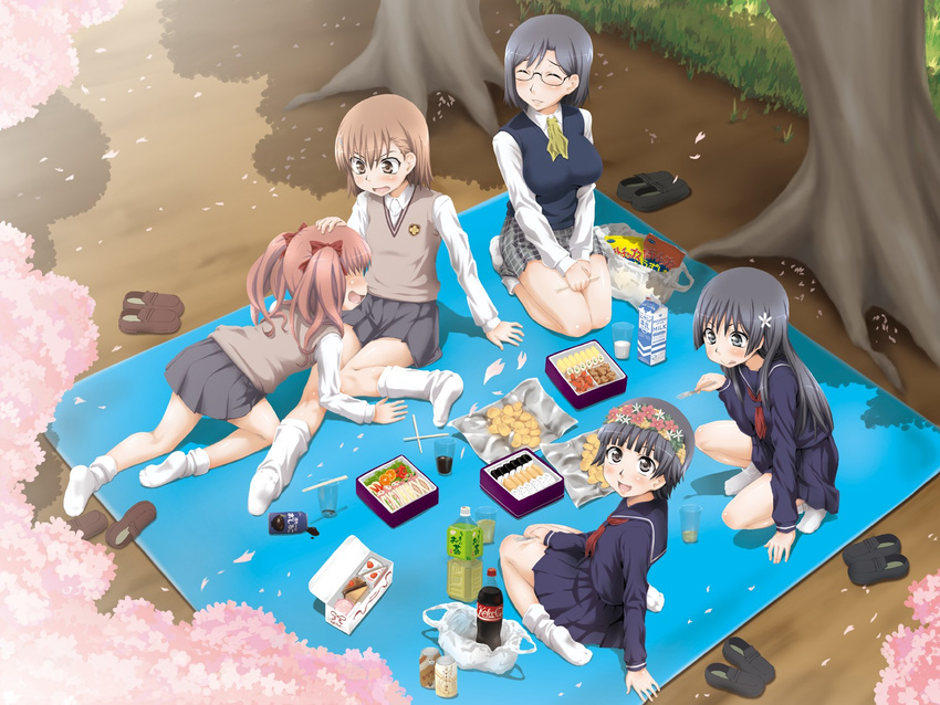 5girls :d :q aru_ra_une black_hair bottle brown_eyes brown_hair cherry_blossoms closed_eyes coca-cola commentary_request duplicate flower food from_above glasses hair_flower hair_ornament hanami highres kneeling konori_mii kotoyoro long_hair misaka_mikoto multiple_girls new_year open_mouth petals pixel-perfect_duplicate sakugawa_school_uniform saten_ruiko school_uniform serafuku shirai_kuroko short_hair sitting skirt smile summer_uniform sweater_vest thighhighs toaru_kagaku_no_railgun toaru_majutsu_no_index tokiwadai_school_uniform tongue tongue_out twintails uiharu_kazari