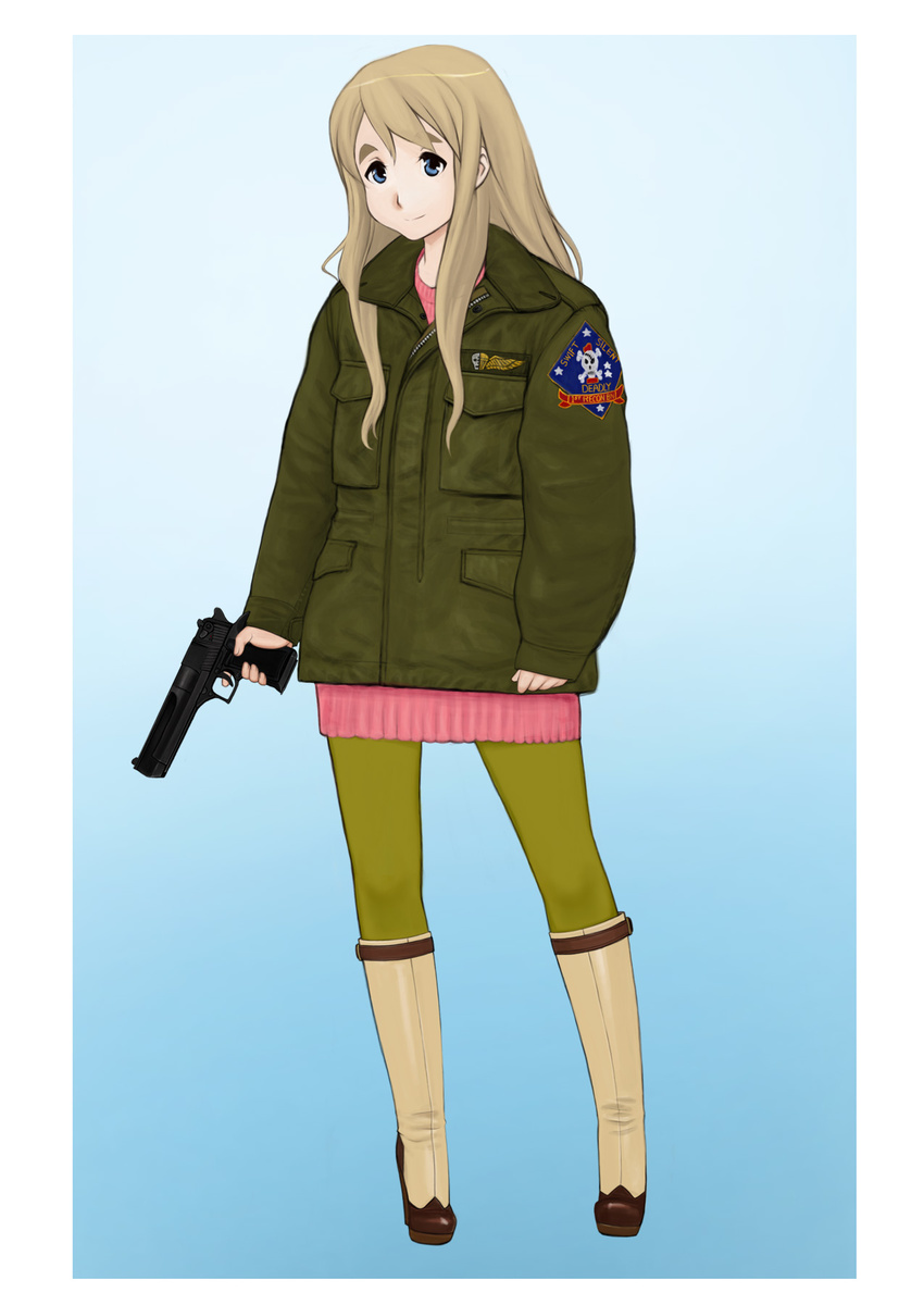 boots commentary_request desert_eagle dress female gun handgun highres jacket k-on! komii kotobuki_tsumugi military pantyhose smile solo sweater sweater_dress weapon