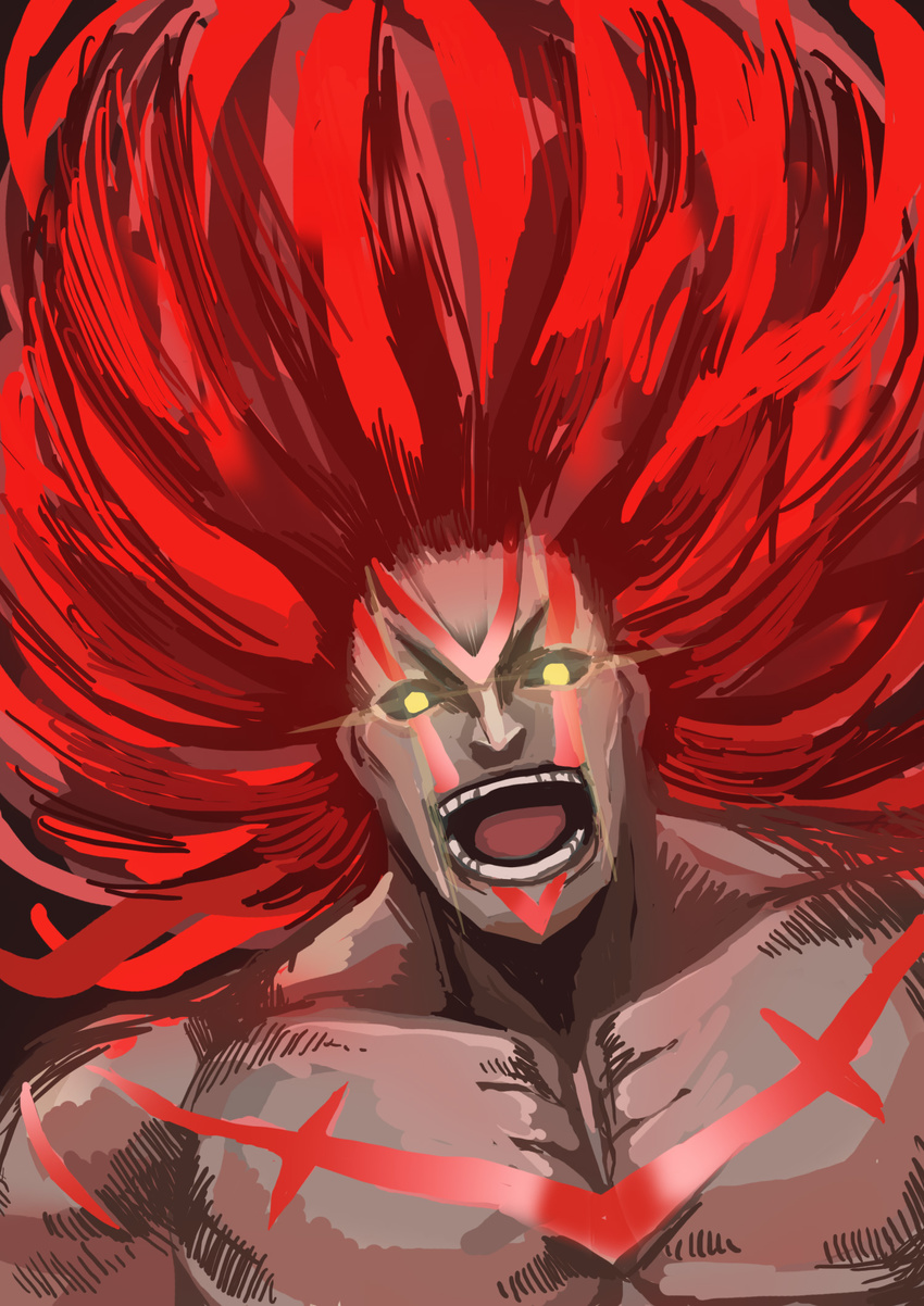 1boy big_hair black_sclera colored_sclera commentary_request dark-skinned_male dark_skin facepaint highres laughing long_hair male_focus necalli no_pupils open_mouth pectorals photoshop_(medium) red_hair samidare_satsuki solo street_fighter street_fighter_v topless_male upper_body very_long_hair yellow_eyes