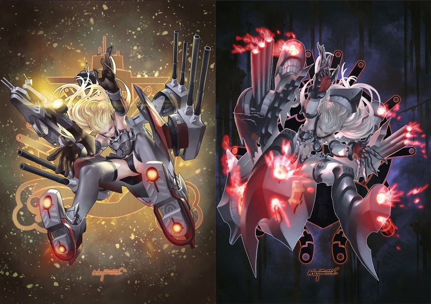 abyssal_ship alagantm alternate_costume alternate_hair_color armor armpits artist_name bare_shoulders battle bismarck_(kancolle) black_gloves black_panties blonde_hair blue_eyes boots breastplate breasts claw_(weapon) commentary dark_persona detached_sleeves dual_persona english_commentary female fire gloves glowing grey_thighhighs hat headwear_request kantai_collection long_hair machinery medium_breasts military military_uniform no_headwear pale_skin panties photoshop_(medium) signature thighhighs underwear uniform unworn_hat unworn_headwear weapon white_hair white_thighhighs