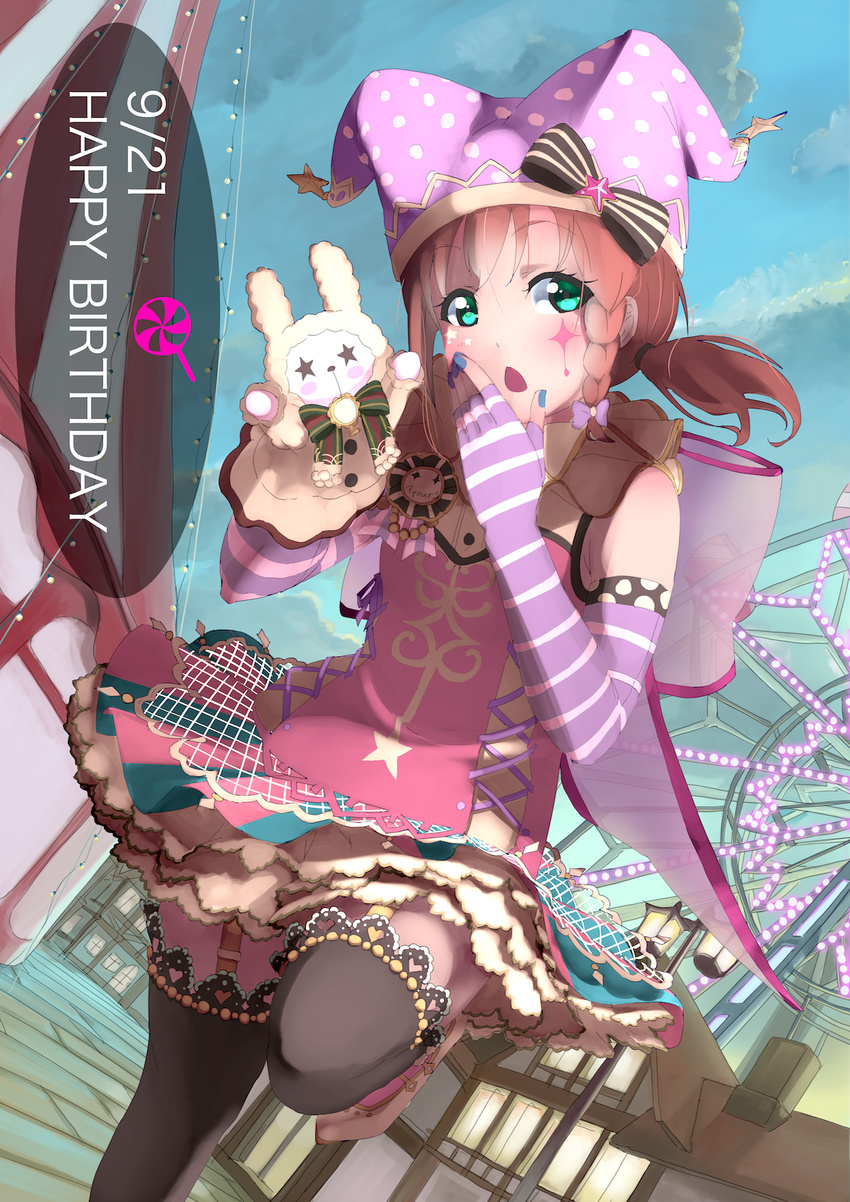 ajapar alternate_hairstyle birthday blue_nails commentary_request dated elbow_gloves english_text facial_tattoo female ferris_wheel fingerless_gloves gloves green_eyes hand_puppet happy_birthday hat highres house jester_cap kurosawa_ruby love_live! love_live!_sunshine!! medium_hair nail_polish polka_dot puppet red_hair ribbon short_ponytail side_ponytail star_(symbol) striped tattoo thighhighs zettai_ryouiki