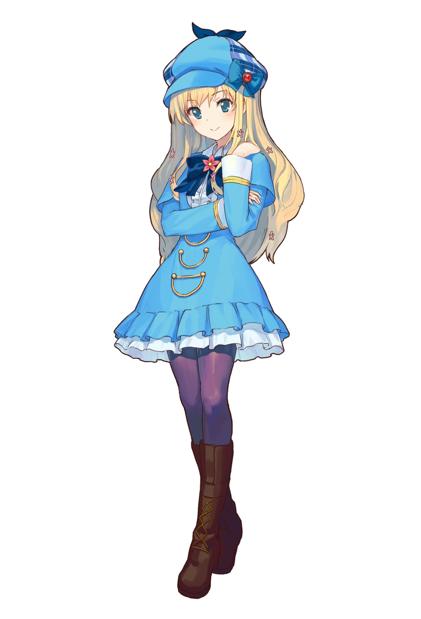 aqua_eyes blonde_hair boots cordelia_glauca deerstalker dress female full_body hat highres long_hair long_sleeves nonoya_nayori official_art pantyhose simple_background smile solo tantei_opera_milky_holmes toys_drive white_background