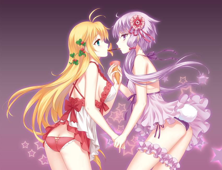 2girls ahoge antenna_hair aqua_eyes ass babydoll back bare_arms blonde_hair bow breasts bridal_garter butt_crack chips_(food) commentary_request cowboy_shot dress eye_contact eyebrows fake_tail flat_ass food food_in_mouth from_side fruit gradient_background hair_fruit hair_ornament hair_ribbon hairbow hand_grab highres holding holding_food ice_cream_cone kogara_(frenzied_kotori) large_breasts leaf long_hair looking_at_another medium_breasts mouth_hold multiple_girls panties photoshop_(medium) pink_bow pink_ribbon pinky_out plant pocky profile purple_background purple_dress purple_eyes purple_hair purple_panties purple_ribbon rabbit_tail raspberry red_bow red_panties ribbon shared_food short_hair_with_long_locks side-tie_panties sideboob sidelocks small_breasts star_(symbol) tail tsurumaki_maki underwear very_long_hair vines vocaloid voiceroid yuri yuzuki_yukari