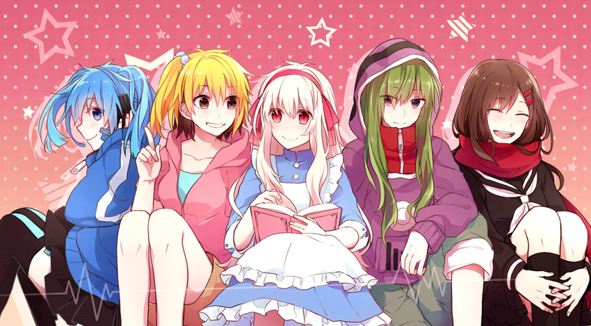 5girls blonde_hair blue_eyes blue_hair book brown_hair closed_eyes commentary dress ene_(kagerou_project) enpera green_hair hair_ornament hairclip headphones hood hoodie hoshiyui_tsukino kagerou_project kido_tsubomi kisaragi_momo kozakura_marry long_hair multiple_girls photoshop_(medium) red_eyes red_scarf scarf school_uniform serafuku side_ponytail smile symbol-only_commentary tateyama_ayano