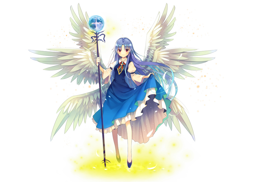 angel angel_wings blue_dress blue_footwear blue_gemstone blue_hair blush breasts brooch closed_mouth commentary_request crosier cross dress feathered_wings feathers female floating_hair full_body gem gradient_hair hands_up highres holding holding_staff jewelry jiji_(381134808) juliet_sleeves legs_apart light_particles long_hair long_sleeves looking_at_viewer mage_staff multicolored_hair multiple_wings neck_ribbon orb petticoat puffy_sleeves red_eyes red_ribbon ribbon sariel_(touhou) seraph shoes simple_background skirt_hold sleeve_garter small_breasts smile solo staff standing touhou touhou_(pc-98) very_long_hair white_background white_wings wide_sleeves wings