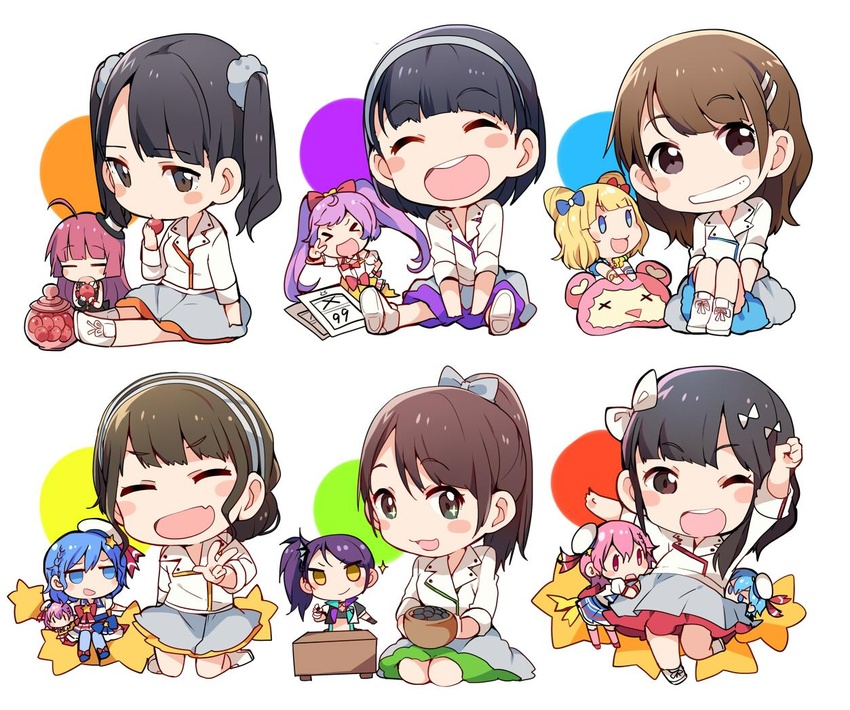 >:) >_< 0_0 6+girls :d ;d ^_^ ahoge akaneya_himika arm_up black_hair blonde_hair blue_bow blue_eyes blue_hair blush_stickers boots bow braid brown_hair chibi clenched_hand closed_eyes commentary_request cone_hair_bun dorothy_west double_bun eating grey_skirt grin hair_bun hair_ornament hair_scrunchie hairband hairbow hairclip hat hat_ribbon head_wings hojo_sophy iris_(band) jitome knees_up kubota_miyu kuma_(pripara) long_hair long_sleeves looking_at_viewer manaka_laala minami_mirei multiple_girls one_eye_closed open_mouth outstretched_arm pink_eyes pink_hair ponytail pretty_series pripara purple_hair red_bow red_hair red_ribbon reona_west ribbon sailor_hat scrunchie serizawa_yuu shibuya_azuki shirt short_hair side_braid side_ponytail single_head_wing skirt smile sparkle standing standing_on_one_leg star_(symbol) taneda_yuuta toudou_shion twintails v-shaped_eyebrows v_over_eye voice_actor voice_actor_connection wakai_yuuki white_footwear white_shirt wings xd yamakita_saki yellow_eyes