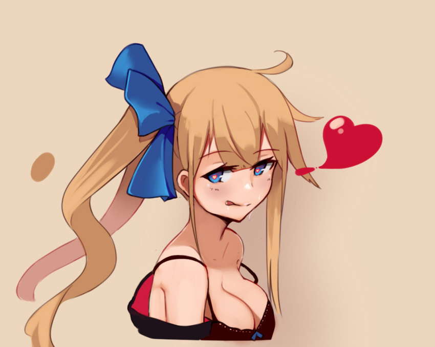 :q ahoge bare_shoulders blonde_hair blue_eyes blue_ribbon bra breasts brown_bra cleavage color_guide fal_(girls_frontline) from_side girls_frontline hair_ribbon heart heart-shaped_pupils kion-kun large_breasts long_hair looking_at_viewer looking_to_the_side off_shoulder ribbon simple_background solo sweat symbol-shaped_pupils tongue tongue_out underwear upper_body yellow_background