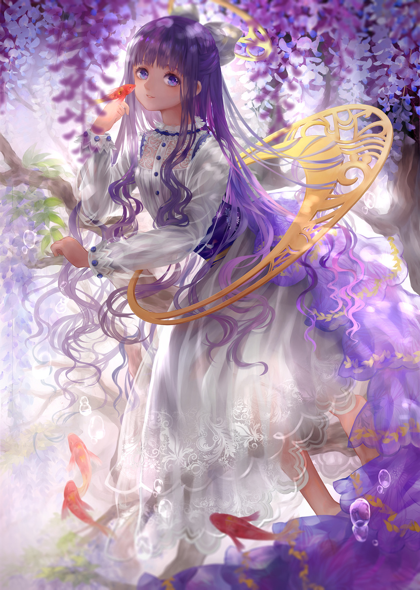 abstract blunt_bangs blurry bow bubble cardcaptor_sakura commentary daidouji_tomoyo depth_of_field dress female fish flower goldfish hairbow half_updo highres jyuui leaf light_smile long_hair looking_at_viewer parted_lips photoshop_(medium) purple_eyes purple_hair solo symbol-only_commentary very_long_hair wavy_hair white_dress wisteria