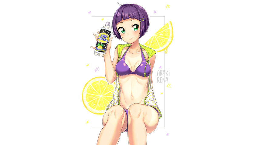 araki_rena blush breasts drink green_eyes jpeg_artifacts navel open_shirt purple_hair short_hair stars swimsuit thighhighs tokyo_7th_sisters umeno_(umenonono)