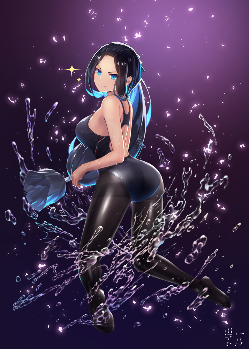 >:) bettle_(b_s_a_n) black_background black_one-piece_swimsuit black_pantyhose blue_eyes blue_hair breasts commentary_request competition_swimsuit female full_body gradient_background highres hikage_(sennen_sensou_aigis) kneeling large_breasts long_hair looking_at_viewer low-tied_long_hair multicolored_hair no_shoes one-piece_swimsuit pantyhose pantyhose_under_swimsuit sennen_sensou_aigis shiny_clothes simple_background smile solo sparkle streaked_hair swimsuit thighband_pantyhose v-shaped_eyebrows very_long_hair water watermark wet