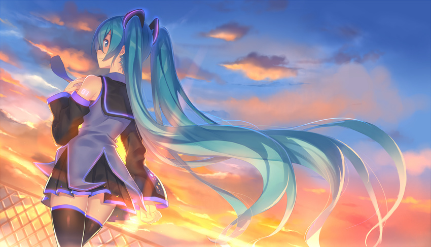 bare_shoulders blue_eyes blue_hair cloud commentary_request female hajime_kaname hatsune_miku highres long_hair necktie skirt sky solo sunset twintails vocaloid