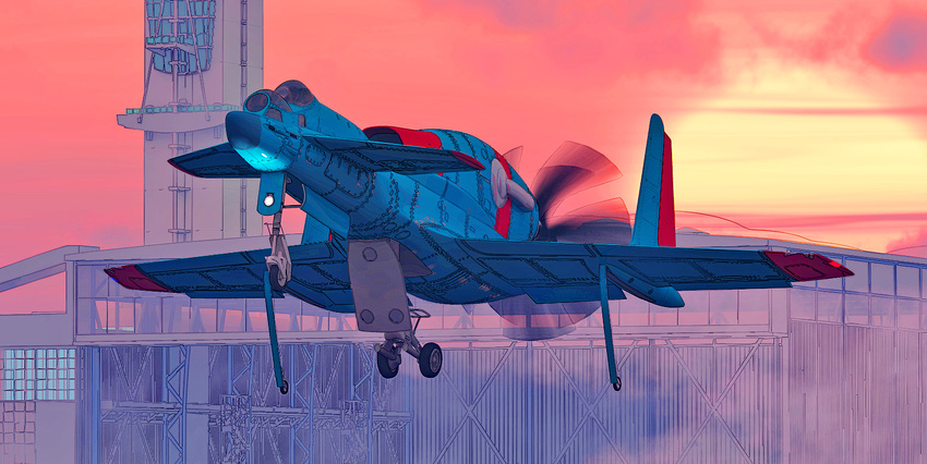 3d aircraft airplane canards canopy_(aircraft) commentary_request control_tower dusk hangar honneamise_no_tsubasa landing_gear military military_vehicle mindvue no_humans photoshop_(medium) propeller schira-dow_3rd science_fiction sun vehicle_focus