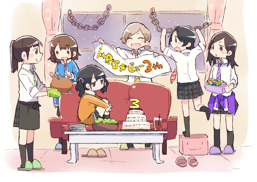 6+girls :3 :d :o ^_^ ahoge akaneya_himika apron banner black_apron black_hair black_legwear blue_footwear blue_jacket blue_neckwear blush_stickers bowl brown_hair cake closed_eyes clothes_around_waist collared_shirt commentary_request couch cup curtains drinking_glass food green_footwear green_neckwear group_name holding holding_tray hugging_own_legs indoors iris_(band) jacket jacket_around_waist jitome kneehighs knees_up kubota_miyu long_hair miniskirt multiple_girls necktie o_o oerba_yun_fang open_mouth orange_footwear orange_jacket oven_mitts paper_chain pink_footwear plaid plaid_skirt plate plate_stack pleated_skirt ponytail purple_footwear purple_jacket purple_necktie real_life red_necktie salad serizawa_yuu shibuya_azuki shirt short_hair sidelocks sitting skin_fang skirt sleeves_rolled_up slippers smile snowing socks standing standing_on_box standing_on_one_leg striped striped_necktie table taneda_yuuta tray turkey_(food) twintails unworn_slippers v-shaped_eyebrows voice_actor waist_apron wakai_yuuki white_shirt window yamakita_saki yellow_footwear yellow_necktie |_|