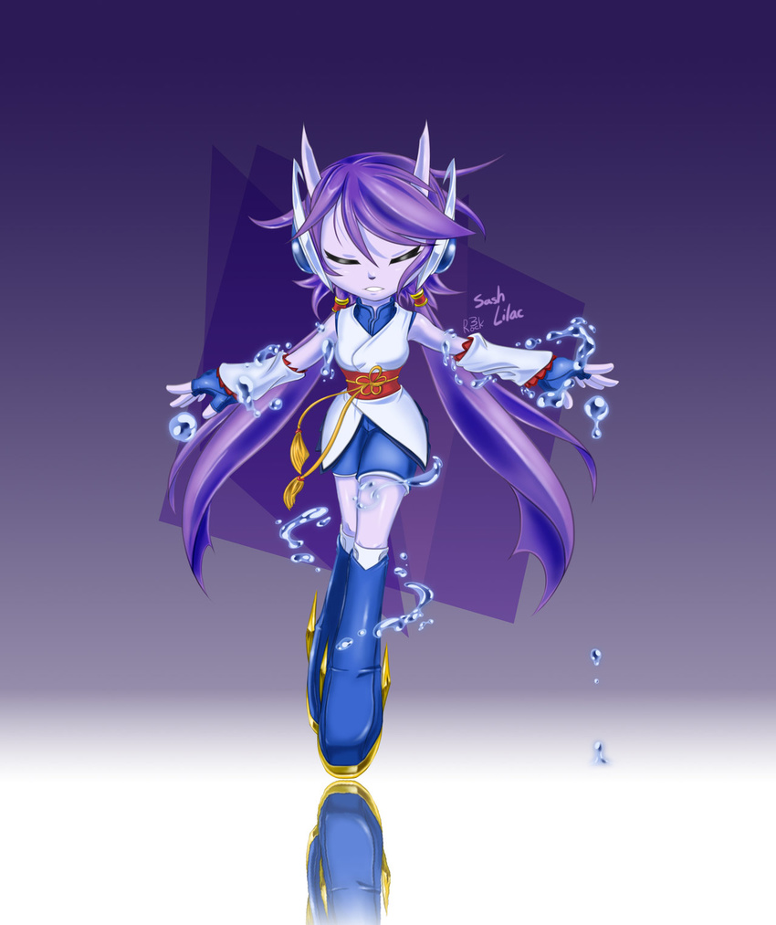 anrock3 anthro aquatic_dragon better_version_at_source boots breasts closed_eyes clothed clothing dragon female footwear freedom_planet galaxytrail hair hi_res hybrid long_hair magic mammal marine mythological_creature mythological_scalie mythology purple_hair sash_lilac scalie solo water