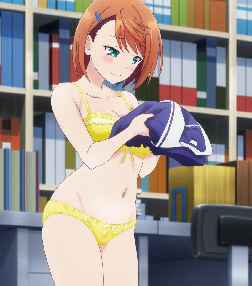 anime_screenshot asymmetrical_bangs bob_cut bow bow_bra bow_panties bra brown_hair female green_eyes highres indoors miyazaki_chisaki panties short_hair smile solo stitched third-party_edit underwear underwear_only yellow_bra yellow_panties yuragisou_no_yuuna-san