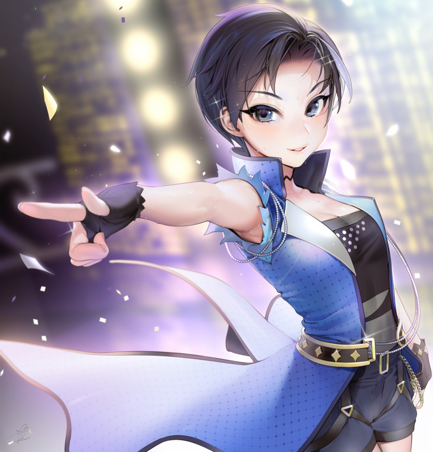 armpits bad_id bad_twitter_id belt black_choker black_eyes black_gloves black_hair black_shorts bloom blue_jacket blurry blurry_background breasts choker cleavage coattails confetti crossed_legs eyelashes eyeliner eyes_visible_through_hair female fingerless_gloves forehead gloves highres idol index_finger_raised jacket keishi_(shining_star) looking_at_viewer makeup ohisashiburi open_clothes open_jacket outstretched_arm parted_lips pointing shining_star shirt short_hair short_shorts shorts sleeveless sleeveless_jacket small_breasts solo standing torn_clothes torn_sleeves very_short_hair