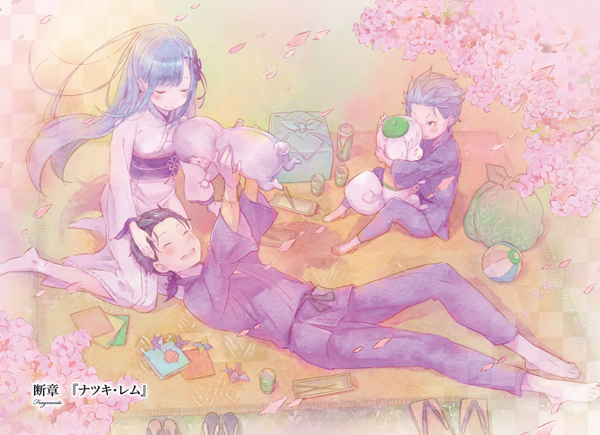 2boys 2girls black_hair blue_eyes blue_hair blush cherry_blossoms closed_eyes family hair_ornament highres japanese_clothes lap_pillow long_hair lying multiple_boys multiple_girls natsuki_rigel natsuki_spica natsuki_subaru obi official_art on_back on_bed ootsuka_shin'ichirou origami picnic re:zero_kara_hajimeru_isekai_seikatsu rem_(re:zero) sash short_hair sitting smile tabi x_hair_ornament yokozuwari