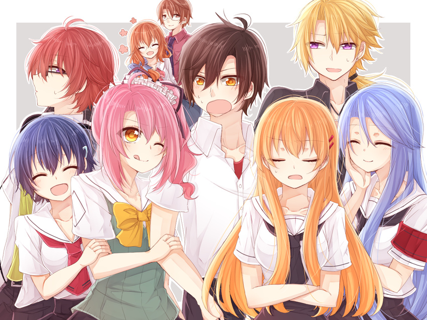 4boys 5girls bad_id bad_pixiv_id blue_hair brown_hair closed_eyes commentary_request feryl glasses hiiragi_asuka_(tokyo_xanadu) hokuto_mitsuki ikushima_sora kokonoe_towa kugayama_rion multiple_boys multiple_girls orange_eyes orange_hair pink_hair ponytail purple_eyes purple_hair red_hair saeki_gorou school_uniform scrunchie shinomiya_yuuki short_hair smile takahata_shiou tokisaka_kou tokyo_xanadu