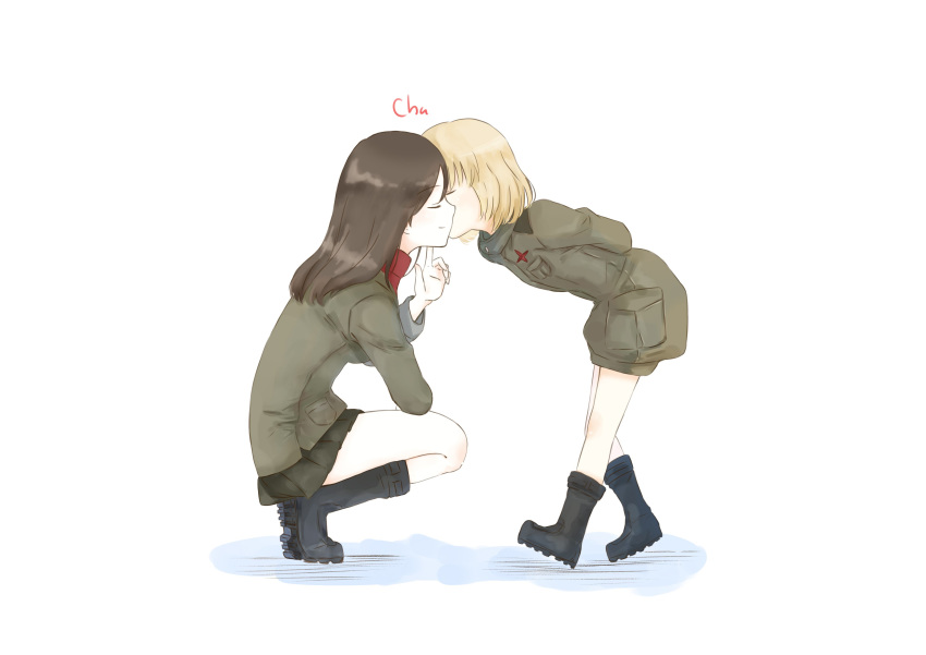 2girls absurdres arms_behind_head black_footwear black_skirt blonde_hair boots closed_mouth commentary_request emblem facing_another finger_to_face from_side girls_und_panzer green_jacket green_jumpsuit highres jacket jumpsuit katyusha_(girls_und_panzer) kissing kissing_cheek leaning_forward long_hair long_sleeves military military_uniform miniskirt multiple_girls nonna_(girls_und_panzer) pleated_skirt pravda_military_uniform pravda_school_uniform red_shirt school_uniform shadow shimesaba_(simesabaikka) shirt short_hair short_jumpsuit simple_background skirt smile squatting standing turtleneck uniform white_background yuri