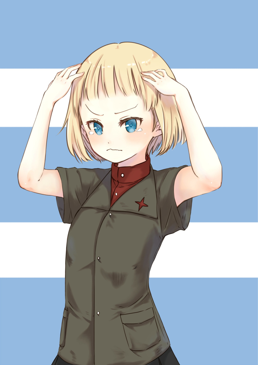 absurdres adapted_uniform alternate_hairstyle black_skirt blonde_hair blue_eyes blunt_bangs blush closed_mouth commentary emblem female frown girls_und_panzer green_jacket hands_on_own_head highres jacket katyusha_(girls_und_panzer) long_sleeves looking_at_viewer pleated_skirt pravda_school_uniform red_shirt school_uniform shimesaba_(simesabaikka) shirt short_hair short_sleeves skirt solo standing summer_uniform tearing_up turtleneck upper_body