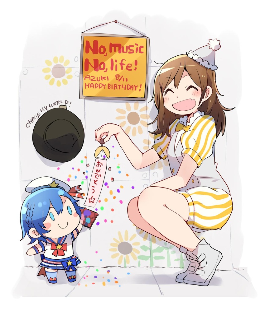 2girls :d ^_^ black_headwear blue_eyes blue_hair blue_legwear blue_skirt blush_stickers bow bowtie braid brown_hair character_name closed_eyes commentary_request confetti confetti_ball dated dorothy_west flower grey_footwear grey_hat grey_vest happy_birthday hat hat_ribbon highres iris_(band) long_hair multiple_girls oerba_yun_fang open_mouth party_hat pretty_series pripara red_bow red_bowtie red_ribbon ribbon sailor_hat shibuya_azuki short_sleeves side_braid skin_fang skirt smile song_name squatting star_(symbol) striped sunflower taneda_yuuta tiptoes vest voice_actor voice_actor_connection yellow_bow yellow_bowtie