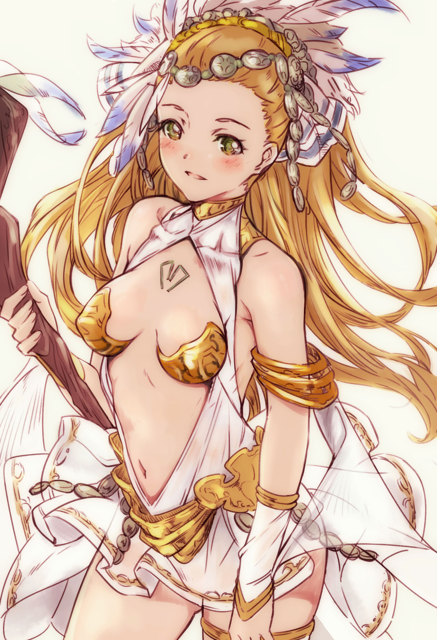 absurdres armlet bare_shoulders blonde_hair blush breasts center_opening cleavage commentary_request dress feathers female granblue_fantasy hair_ornament highres jewelry long_hair looking_at_viewer navel niko_(tama) petra_(granblue_fantasy) ponytail scepter sleeveless sleeveless_dress small_breasts smile solo white_dress wristband yellow_eyes