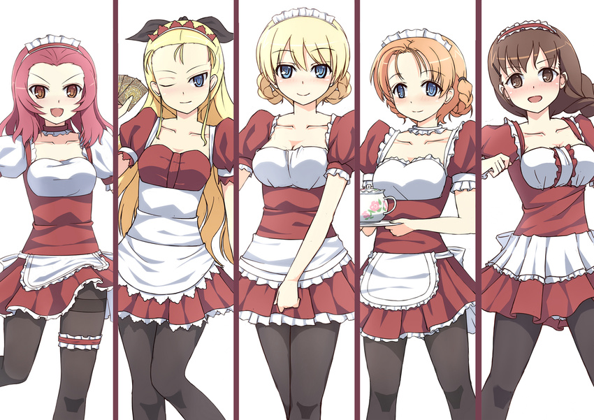 5girls alternate_costume apron assam_(girls_und_panzer) black_pantyhose blonde_hair blue_eyes blush braid breasts bridal_garter brown_hair choker cleavage commentary_request cowboy_shot darjeeling_(girls_und_panzer) dress enmaided girls_und_panzer hair_pulled_back hair_ribbon holding long_hair looking_at_viewer maid maid_headdress medium_breasts multiple_girls open_mouth orange_hair orange_pekoe_(girls_und_panzer) pantyhose parted_bangs photoshop_(medium) pleated_dress puffy_short_sleeves puffy_sleeves red_dress red_hair ribbon rosehip_(girls_und_panzer) rukuriri_(girls_und_panzer) saucer short_dress short_hair short_sleeves single_braid smile srwsrx_(gp03dsrx) standing teapot thighband_pantyhose tied_hair tray twin_braids