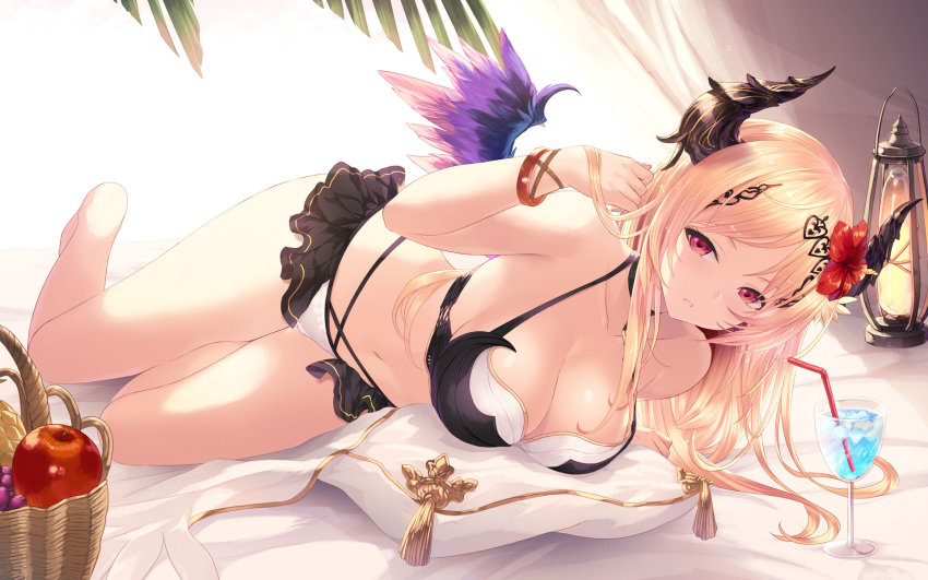 apple barefoot bikini blonde_hair cait dark_angel_olivia drink flowers food fruit granblue_fantasy horns long_hair red_eyes swimsuit wings