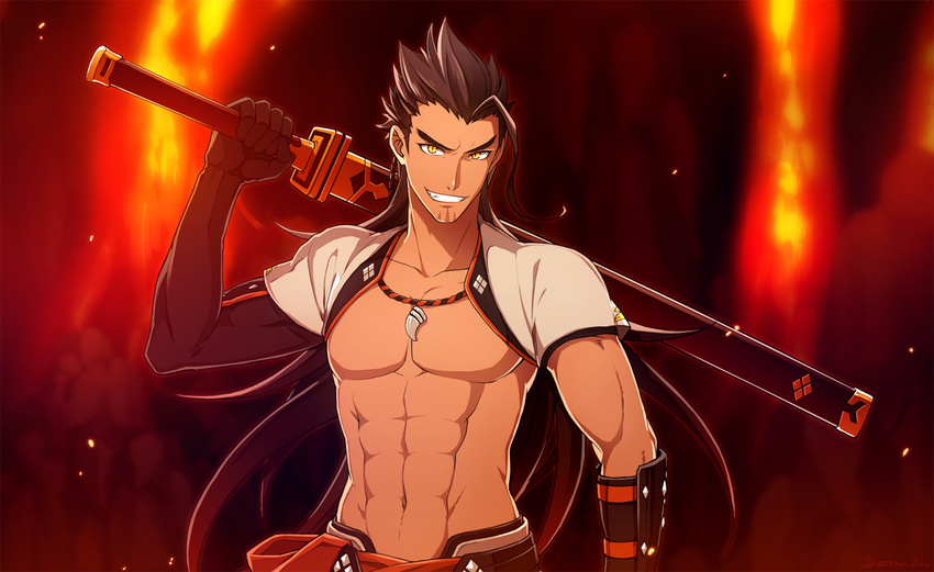 1boy abs brown_hair commentary_request fire gloves jewelry long_hair male_focus nakamura_hiro_(nobody10ch) navel necklace photoshop_(medium) shigure_rangetsu solo sword tales_of_(series) tales_of_berseria teeth topless_male upper_body very_long_hair weapon yellow_eyes