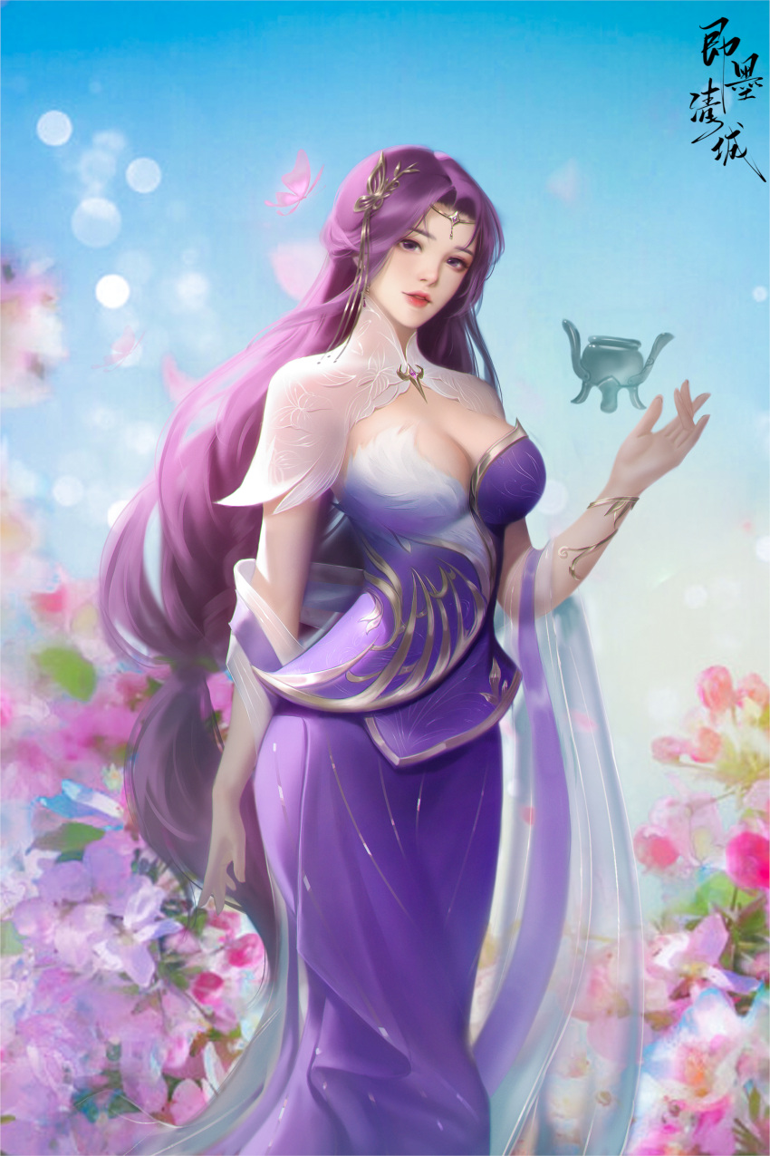 absurdres blue_sky breasts bug butterfly cauldron circle earrings female floating floating_object flower hagoromo hair_ornament head_tilt highres jewelry jimo_qingfeng long_hair parted_lips purple_eyes purple_hair shawl sky solo upper_body wanmei_shijie yun_xi_(wanmei_shijie)