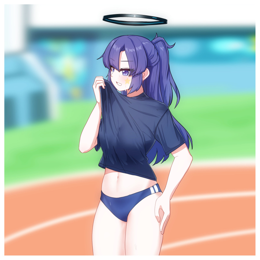 absurdres black_shirt blue_archive blue_buruma blurry blurry_background buruma clothes_lift commentary female halo hand_on_own_hip highres jonasmk mechanical_halo midriff navel official_alternate_costume open_mouth ponytail purple_eyes purple_hair shirt shirt_lift solo track_and_field yuuka_(blue_archive) yuuka_(track)_(blue_archive)