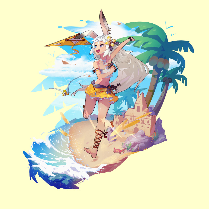 absurdres animal_ears bare_shoulders barefoot beach bird blue_eyes blue_sky bracelet cloud crab dragalia_lost female full_body highres jewelry kite kite_flying kuonn long_hair ocean official_style palm_tree rabbit_ears running sand sand_castle sand_sculpture sarisse_(dragalia_lost) sky solo swimsuit tree water white_hair