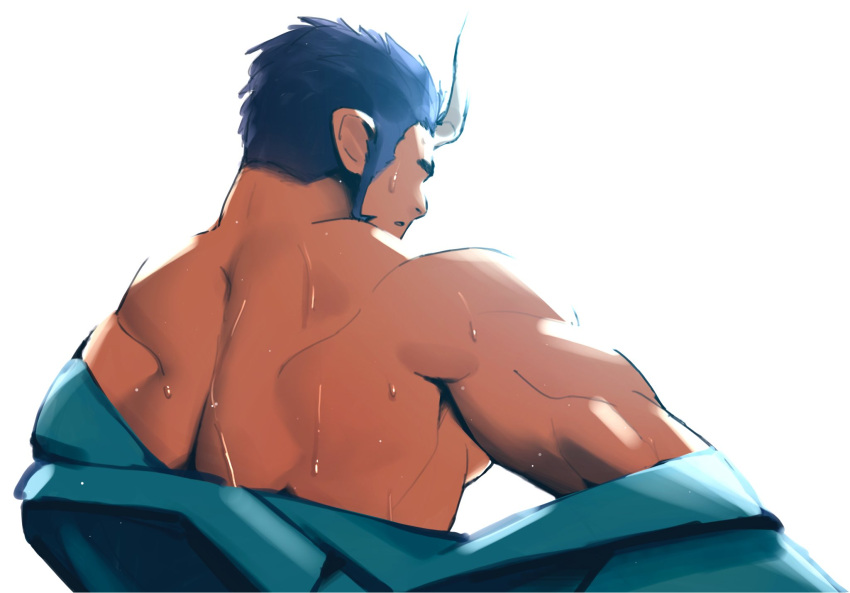 1boy back back_focus bara beard blue_kimono demon_boy demon_horns facial_hair facing_away from_behind highres horns japanese_clothes kansuke_(kansuke_717) kimono live_a_hero male_focus mature_male muscular muscular_male nessen_(live_a_hero) pectorals short_hair sidepec single_bare_shoulder solo sweat thick_eyebrows undressing upper_body very_sweaty