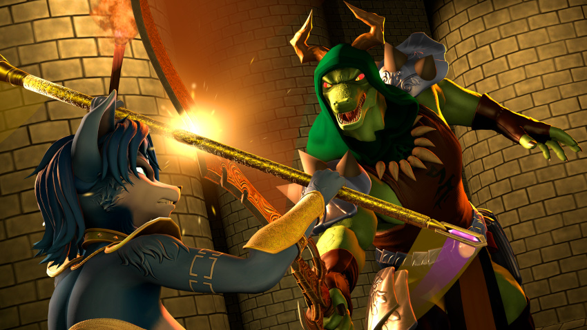 3d_(artwork) anthro armor bikini bikini_top blue_body blue_fur blue_hair canid canine clashing clothing curvy_figure digital_media_(artwork) duo fang_necklace female fight fox fur general_scales green_body green_eyes green_scales hair hi_res hood horn krystal's_staff krystal_(star_fox) larger_male lizard_(petruz) lolla4567 male mammal melee_weapon muscular muscular_anthro muscular_male nintendo petruz_(copyright) red_sclera reptile scales scalie sharpclaw_(star_fox) size_difference smaller_female staff star_fox swimwear sword voluptuous voluptuous_female warfare_krystal warfare_machine weapon white_body white_fur