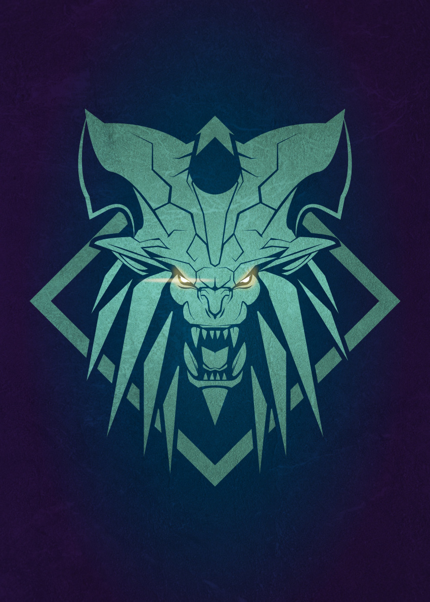 absurdres dragon glowing glowing_eyes highres logo lunastra monster monster_hunter:_world monster_hunter_(series) no_humans open_mouth purple_background sharp_teeth simple_background tacuyanjun teeth the_witcher_(series) the_witcher_3 thorns yellow_eyes