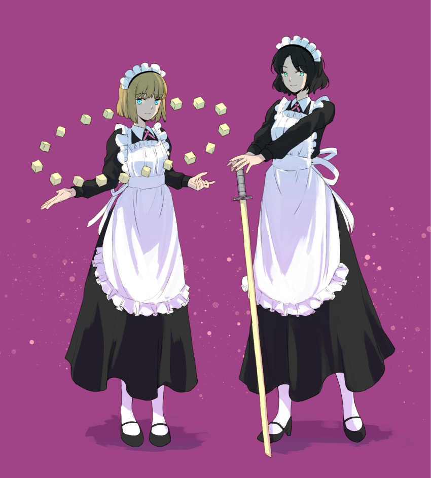 2girls alternate_costume apron arm_up black_dress black_footwear black_hair blonde_hair blue_eyes blunt_bangs bob_cut breasts collared_dress cube dress enmaided floating floating_object frilled_apron frills full_body hands_on_hilt high_heels highres holding kumagai_yuuko long_sleeves looking_at_viewer maid maid_apron maid_headdress multiple_girls nasu_rei neck_ribbon outstretched_arms pantyhose parted_bangs planted planted_sword purple_background purple_ribbon ribbon seto_taichi short_hair simple_background smile standing sword v_arms weapon white_apron white_legwear world_trigger