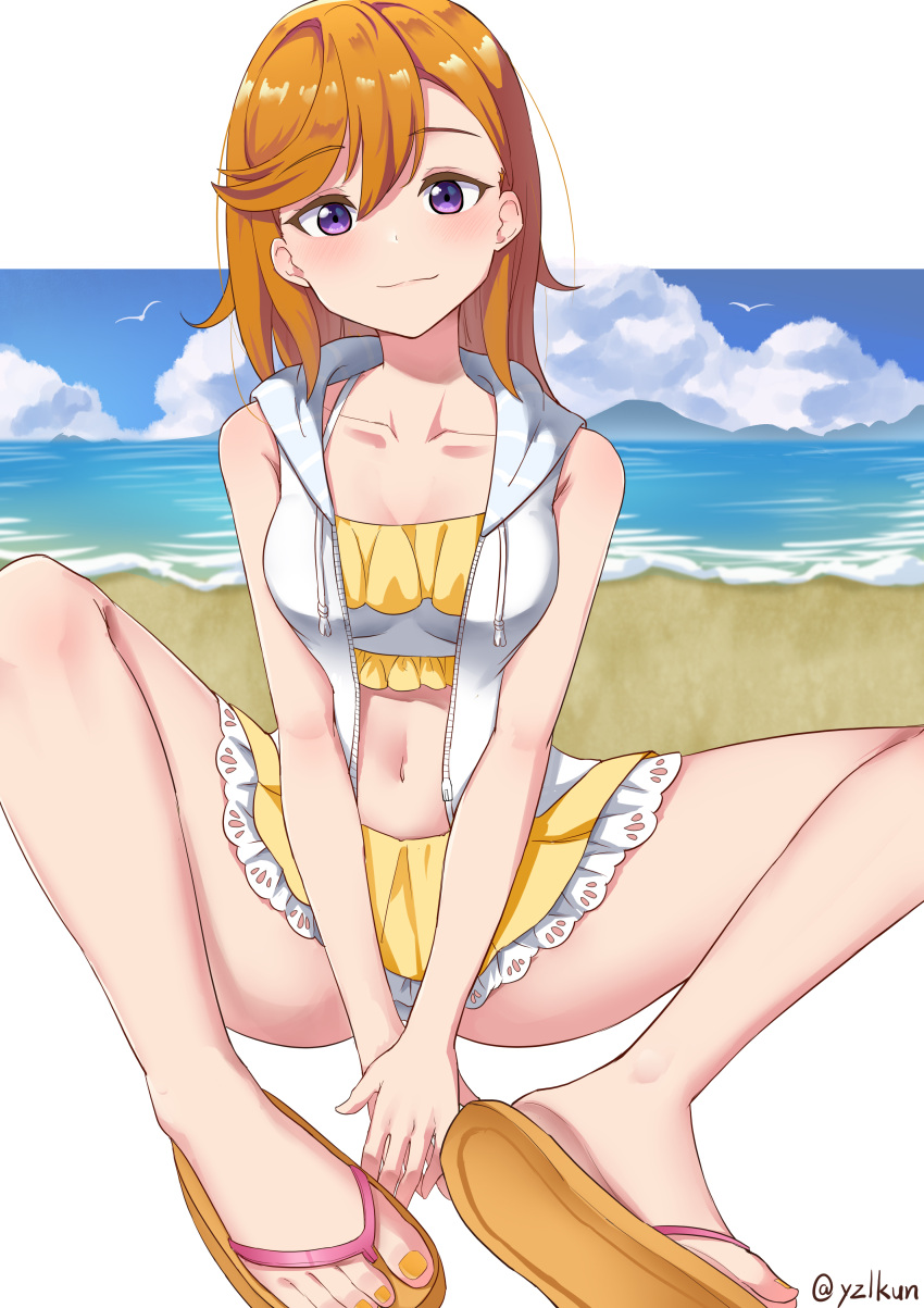 absurdres beach blush breasts closed_mouth collarbone feet female frilled_tankini highres jacket legs letterboxed looking_at_viewer love_live! love_live!_superstar!! medium_breasts medium_hair nail_polish navel open_clothes open_jacket orange_hair outdoors purple_eyes sandals shibuya_kanon sitting skirt sleeveless sleeveless_jacket smile solo spread_legs tank_top toenail_polish toenails toes twitter_username v_arms white_jacket yellow_nails yellow_skirt yellow_tank_top yzlkun