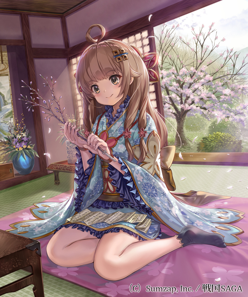 ahoge architecture black_socks blonde_hair blue_kimono blush branch bridal_garter cherry_blossoms closed_mouth east_asian_architecture eyelashes female floral_print frilled_kimono frills full_body hair_flaps hair_ornament hair_over_shoulder hairclip highres ikebana japanese_clothes kimono kyougoku_ryuuko_(sengoku_saga) looking_at_object obi official_art pondel print_kimono sash sengoku_saga shirt short_kimono sitting smile socks solo tatami white_shirt yokozuwari